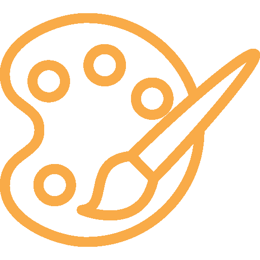 Icône représentant une palette de peinture en bois avec des couleurs variées et un pinceau